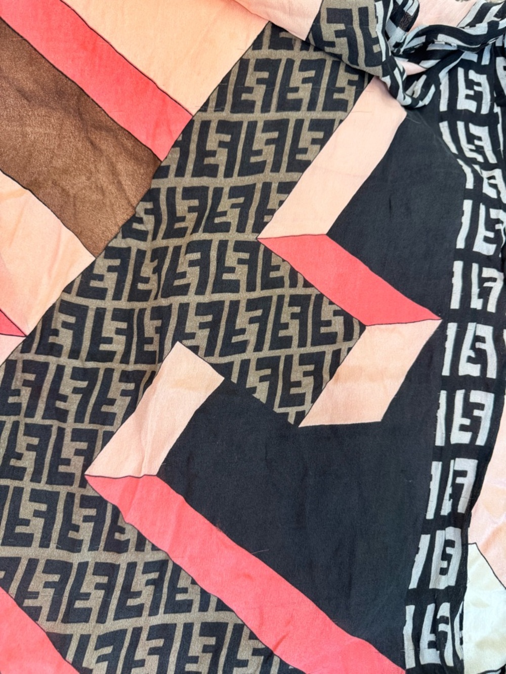 Fendi Geometric Monogram Silk Scarf in Pink, Black & Brown